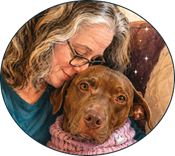 Woman (Deb) snuggling with brown dog (Clementine).